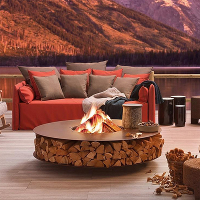 Round Corten Steel Firewood Storage Outdoor Metal Furniture Wood Holder Fire Pit Table With Chairs