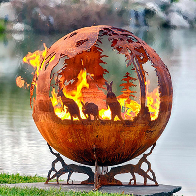 Handcrafted Thick 100cm Corten Steel Fire Pit And Water Bowl Sphere Shaped