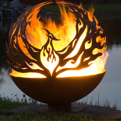 Phoenix Pattern Design Rusty Outdoor Metal Fire Ball in Corten Steel