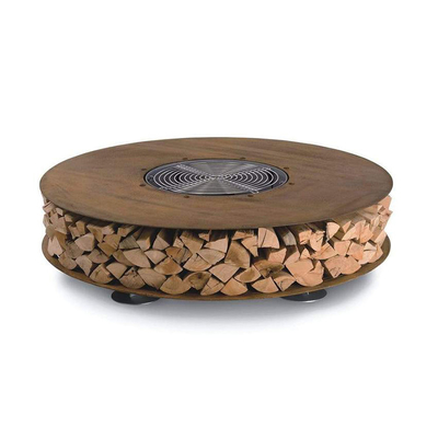 Round Corten Steel Firewood Storage Outdoor Metal Furniture Wood Holder Fire Pit Table With Chairs