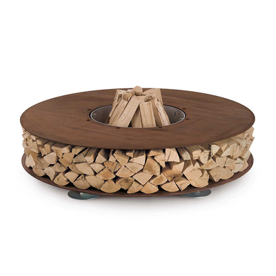 Round Corten Steel Firewood Storage Outdoor Metal Furniture Wood Holder Fire Pit Table With Chairs