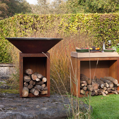 Rusted Height 100cm Corten Steel Fire Pit Outdoor With Wood Storage