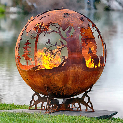 Handcrafted Thick 100cm Corten Steel Fire Pit And Water Bowl Sphere Shaped