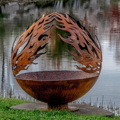 Phoenix Pattern Design Rusty Outdoor Metal Fire Ball in Corten Steel