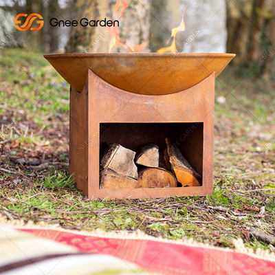 Round Outdoor Garden Wood Burning Corten Steel Fire Pit 3mm With Wood Storage
