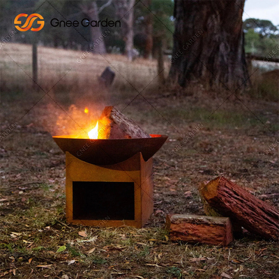 Round Outdoor Garden Wood Burning Corten Steel Fire Pit 3mm With Wood Storage